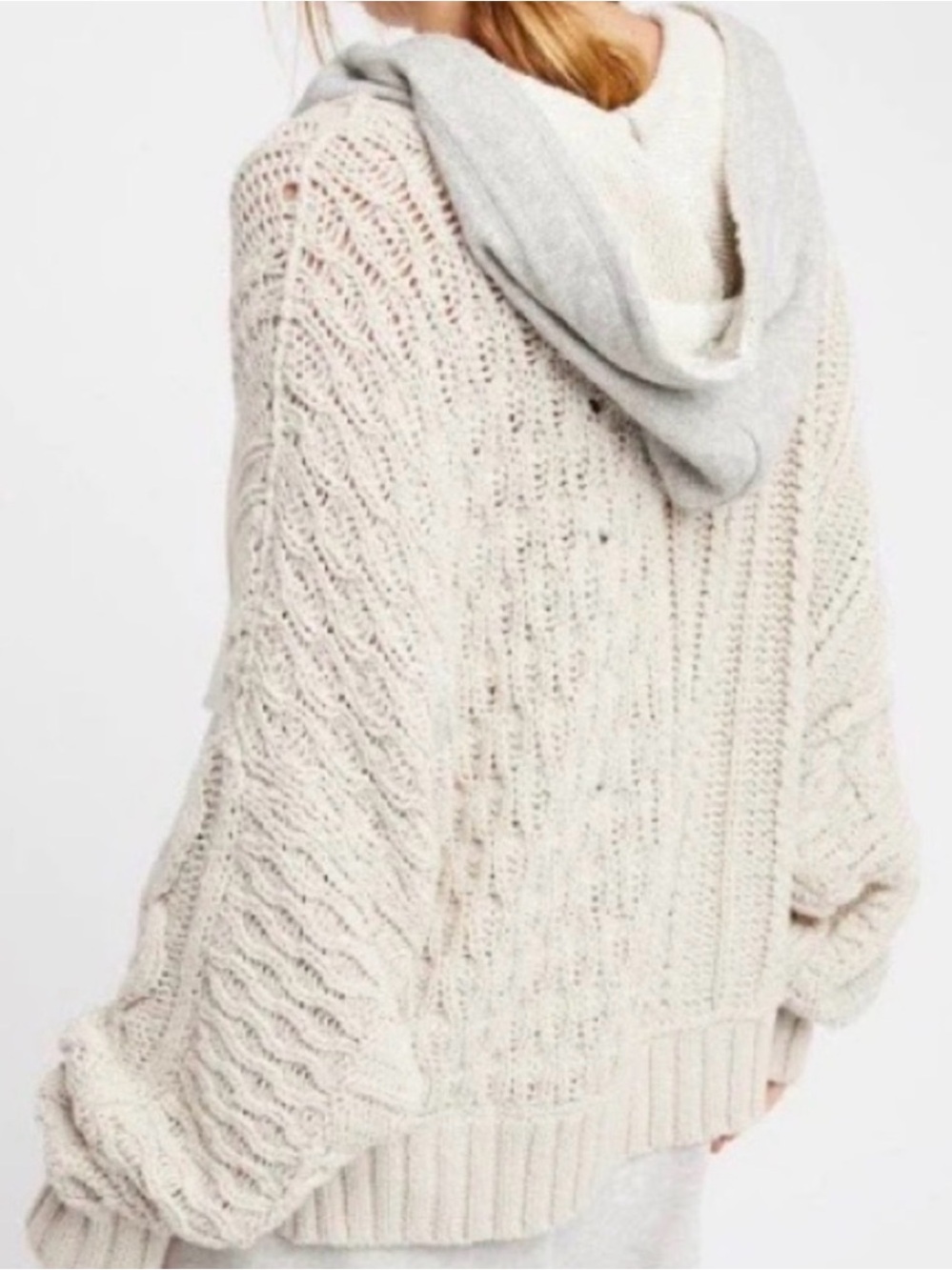 Free People Elan Tierra‎ Cable Knit Hoodie Sweater Cream Gray Size XS Oversized - Picture 4 of 16